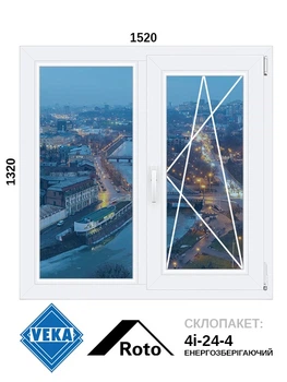 1520*1320, окно металлопластиковое, Veka WHS60 / Roto / 4i-24-4, VEKA