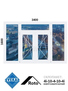 3400*1600, окно металлопластиковое, Veka WHS72 / Roto / 4i-10-4-10-4i, VEKA