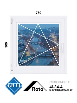 750*900, окно металлопластиковое, Veka WHS72 / Roto / 4i-24-4, левое открывание, VEKA