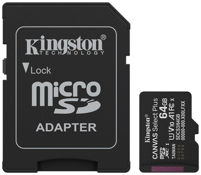 Карта памяти Kingston Canvas Select Plus Gen3 microSDXC 64GB Class 10 UHS-I U1 V10 A1 + SD-adapter (SDCS3/64GB)