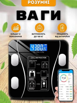 Підлогові розумні ваги з Bluetooth та аналізом складу тіла, до 180 кг, чорні