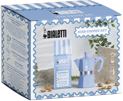 Набір Bialetti Гейзерна кавоварка Moka Express блакитна 130 мл + Мелена кава Perfetto Moka Mandorla 250 г (8006363095341)