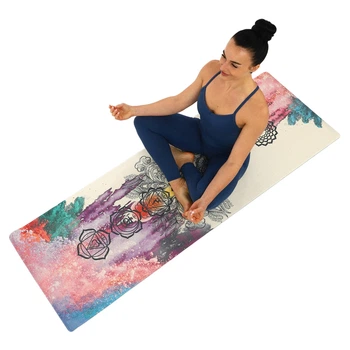 Килимок для йоги Льняний (Yoga mat) двошаровий 3мм Record (розмір 183x61x0,3см, джут, каучук, бежевий, з принтом Чакри Акварель) (FI-7156-4)