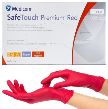 Перчатки нитриловые красные XS-size Medicom SafeTouch Premium Red, 100шт/уп - 1113