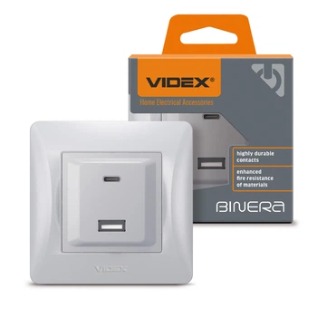 Розетка USB-A+USB-C PD20W серебряный шелк VIDEX BINERA
