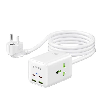 Сетевое зарядное устройство BAVIN PC2026Y 65W GaN Super Quick Charger QC4.0 + 2 PD3.0 Type-C + 2 USB-A 3A PPS + 2 AC 250V 2500W 1.5M White