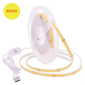 Світлодіодна стрічка COB LED 5м USB 5V 320 діод/м природнє біле світло з сенсорною кнопкою