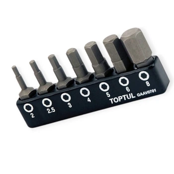 Набор бит 1/4" 6 граней HEX 7 шт 2, 2.5, 3, 4, 5, 6, 8 мм, 25мм (планка) Toptul