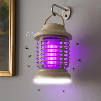Лампа від комарів Mosquito Killer 2в1, антимоскітна лампа-пастка з функцією ліхтаря, 3 режими роботи, фіолетове та біле світло, акумуляторна USB LED лампа від комах для дому, дачі, вулиці, намету, з ручкою Біла AND-1251
