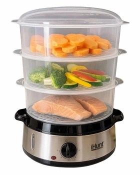 Пароварка iHunt BRO Food Steamer XXL 9 литров, 3 уровня, 60–200 °C, таймер 60 минут, мощность 800 Вт, нержавеющая сталь, здоровое питание