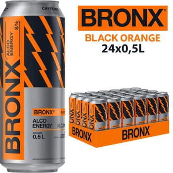 Упаковка слабоалкогольного энергетического напитка Bronx Black Orange 8% 0.5 л х 24 шт (4820193036367)