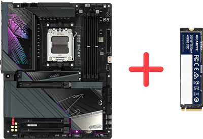 Материнська плата Gigabyte X870E AORUS MASTER (sAM5, AMD X870E, PCI-Ex16)+ SSD диск Gigabyte Gen4 4000E 500GB M.2 2280 NVMe PCIe 4.0 x4 3D NAND Flash у подарунок!