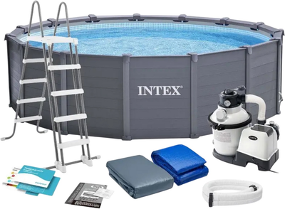 Басейн каркасний круглий Intex 26384, 478х124 см, пісочний фільтр-насос 5700 л/год, драбина, тент, підстилка (Intex_26384)