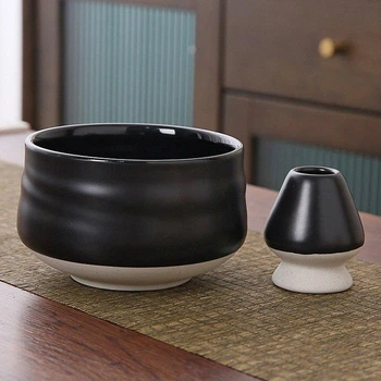 Набор для приготовления матчи керамический чаван и подставка Black Ivory черный