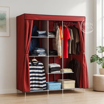 Тканевый шкаф для одежды складной на молнии 160×45×165 см Storage Rack, компактный органайзер для хранения вещей с полками, каркасный разборный шкаф-органайзер для дома, дачи, общежития Красный RLC-170-Red