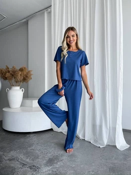 Жіночий домашній костюм трійка (топ+резинка+штани) Uaclothes 46-48 Синій (like34010-144171350)