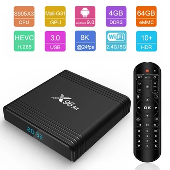 Смарт ТВ-приставка Android Smart TV тюнер для телевізора цифровий медіаплеєр Amlogic X96 Air TV BOX |S905X3, 4GB RAM, 64GB ROM, Android 9.0, пульт ДУ, LED дисплей, Bluetooth, WiFi| Чорний