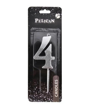Свечка для торта Цифра 4 серебристая с блесками 5 см Pelican (863314)