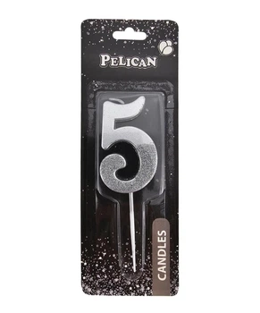 Свечка для торта Цифра 5 серебристая с блесками 5 см Pelican (863315)