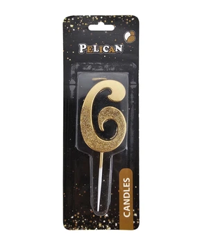 Свечка для торта Цифра 6 золотистая с блесками 5 см Pelican (863306)