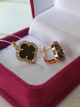 Срібні сережки у стилі Van Cleef Ван Кліф конюшина з Оніксом в позолоті СТ-805онп)