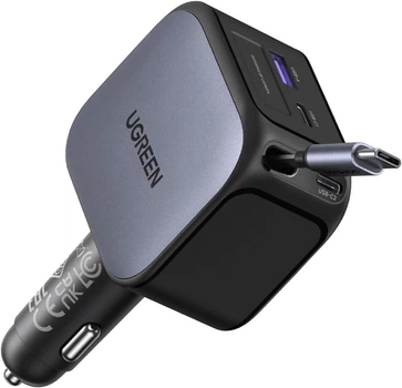 Автомобильное зарядное устройство 4 in 1 UGREEN EC604 145 Вт с выдвижным кабелем USB-C 60 Вт, совместимое с iPhone 16, 15 Pro Max, Galaxy S25 и S24 Ultra Black (55910)