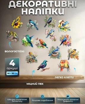 Інтер'єрна наклейка на стіну птахи, 4 аркуші самоклеючі 3d наклейки на стіну