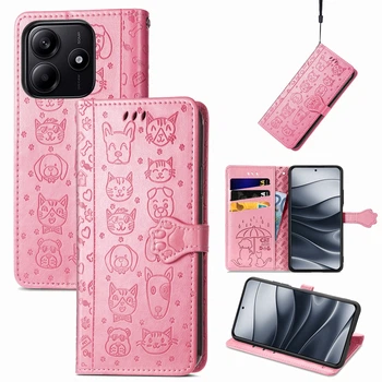 Чехол Embossed Cat and Dog для Xiaomi Redmi Note 14 4G EU Version книжка кожа PU с визитницей розовый