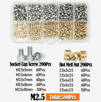 Термогайки+Винты DIN912 М2.5мм Набор 580 шт Для 3D Печати, PLA/ABS, Spec (SP-16825580)