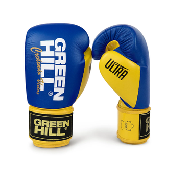 Перчатки бокс GREEN HILL ULTRA кожа синий/желтый 10oz
