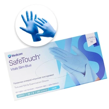 Нитриловые текстурированные перчатки синие XS-size Medicom SafeTouch Slim Blue, 100шт/уп - 1175Р2-A