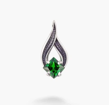 Серебряный кулон Листочек Вербочки с зеленым камнем Emerald 925 Zirkon