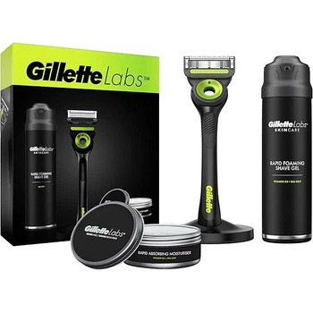 Набір чоловічий для гоління Станок (Бритва) Gillette Labs з 1 змінним картриджем і магнітною підставкою чорний, гель для гоління і зволожуючий крем