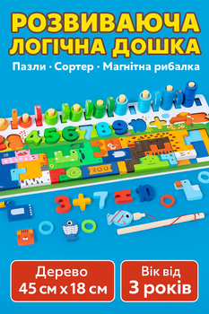 Развивающая логическая доска C 73233: магнитная рыбалка, сортер, цифры, пазлы