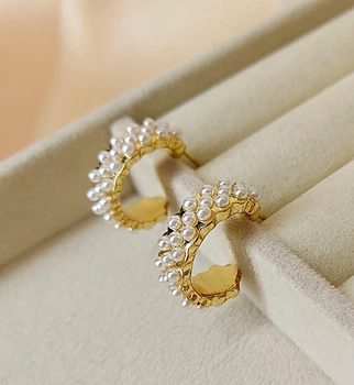 Серьги объемные кольца с бусинками jeweston Золотые-Белые