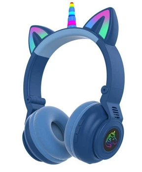 Детские беспроводные наушники Единорог Cat STN-27 LED Bluetooth с кошачьими ушками синий