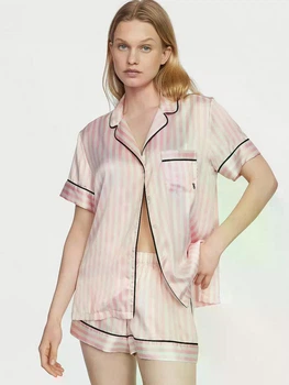 Сатинова піжама з шортами Victoria's Secret Satin Short Pajama Set, рожева в смужку, XL