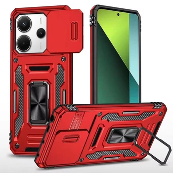Чохол зі шторкою для камери Camshield Army Ring для Xiaomi Redmi Note 14 4G (International version) та Xiaomi Redmi Note 14 5G, ударостійкий кейс з кільцем-тримачем та функцією підставки Red