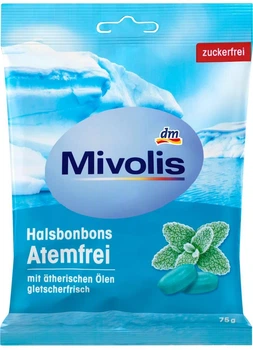 Льодяники для горла Mivolis Halsbonbons Atemfrei з ментолом та олією перцеврї м'яти без цукру 75 г