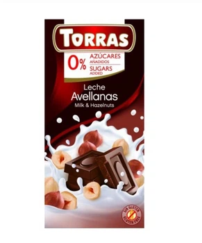Шоколад молочний без цукру 0% Torras з фундуком без глютену 75 г