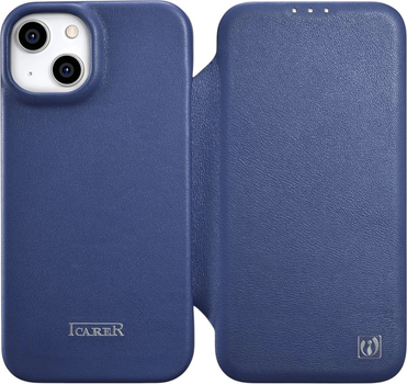 Etui z klapką iCarer Curved Edge Real Cowhide Premium Leather Folio Case do Apple iPhone 14 Plus Blue (WMI14220715-BU)