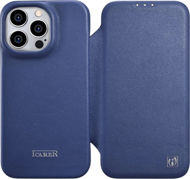 Etui z klapką iCarer Curved Edge Oil Wax Real Leather Folio Case do Apple iPhone 14 Pro Max Blue (WMI14220716-BU)