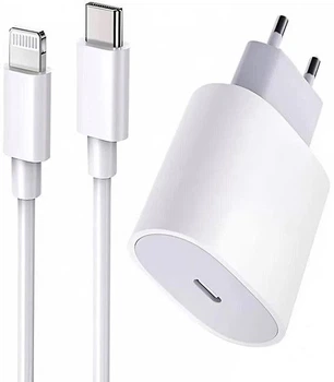 Комплект швидкого заряджання для Apple iPhone Блок заряджання Type-C 20W USB-C СЗУ 20 Вт Power Adapter, Кабель заряджання Type-C to Lightning тайп-с на лайтнінг White