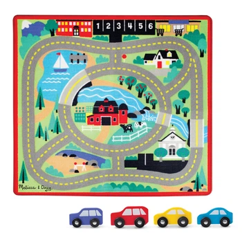 Игровой коврик с машинками "Городская дорога" MelissaandDoug MD19400, 4 деревянных машинки