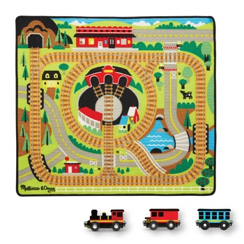 Игровой коврик с паровозиками "Железная дорога" MelissaandDoug MD19554, 3 деревянных вагона
