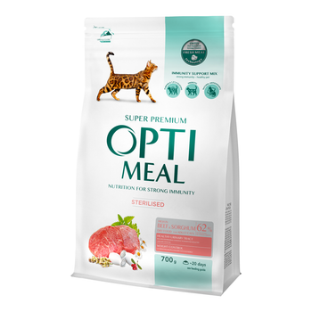 Сухий корм для кішок OPTIMEAL Оптимил sterilised cats для стерилізованих кішок та кастрованих котів з яловичиною та сорго 0.7 кг.