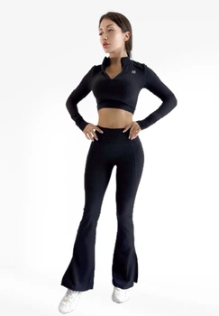 Костюм для фитнеса женский LILAFIT комплект лосины клеши и кофта с длинным рукавом черный размер S (LFS000165)