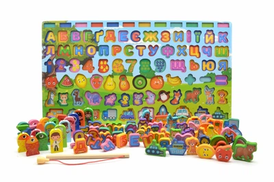 Логическая деревянная доска WToys азбука сортер рыбалка цифры формы цвета 31592
