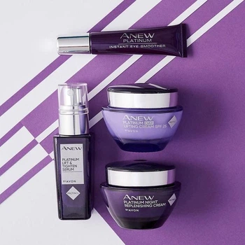 Набір для обличчя «Ліфтинг та пружність» Avon Anew Platinum Lift & Tighten з 4- х одиниць (сироватка для обличчя, денний крем, нічний крем, засіб навколо очей)