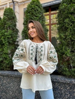 Жіноча вишита сорочка з оливковим орнаментом S бежева (1251)